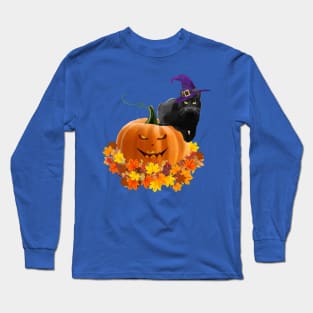 Black cat with witch hat, catoween halloween, jack pumpkin Long Sleeve T-Shirt